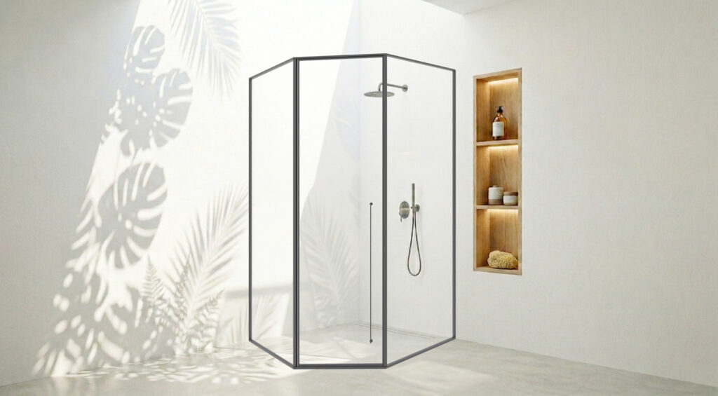 CABIN MỞ QUAY GÓC 135 1 CÁNH + 2 VÁCH CỐ ĐỊNH ẨN BẢN LỀ
