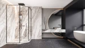 CABIN MỞ QUAY GÓC 135 1 CÁNH + 2 VÁCH CỐ ĐỊNH ẨN BẢN LỀ