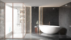 CABIN MỞ QUAY GÓC 90 1 CÁNH + 2 VÁCH CỐ ĐỊNH ẨN BẢN LỀ – DÁNG L