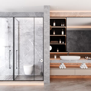 CABIN MASTER MỞ QUAY 2 CÁNH + 3 VÁCH CỐ ĐỊNH ẨN BẢN LỀ - DÁNG T