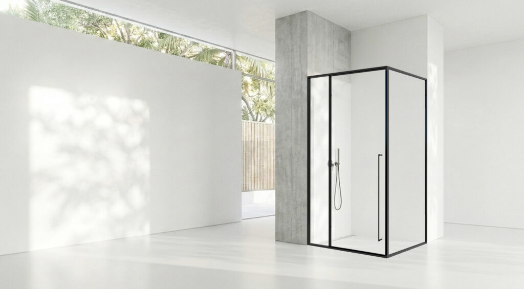 CABIN MỞ QUAY GÓC 90 1 CÁNH + 2 VÁCH CỐ ĐỊNH ẨN BẢN LỀ – DÁNG L