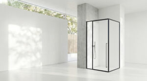 CABIN MỞ QUAY GÓC 90 1 CÁNH + 2 VÁCH CỐ ĐỊNH ẨN BẢN LỀ – DÁNG L